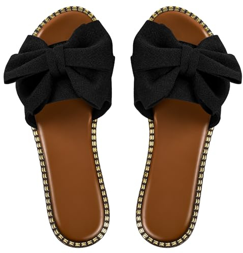 Sksshion Women's Bow Knot Slides Open Toe Flat Sandals Summer Slip On Slippers Black 10