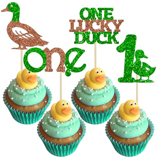 Ephlyn 24Pcs Mallard Duck 1st Birthday Cupcake Toppers Duck Themed Cake Decorations 1st Happy Birthday Party Decorations for Mallard Duck First Birthday Party Decor Supplies Green