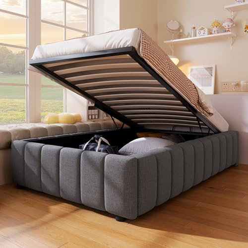 Polsterbett 90x200, Einzelbett mit Stauraum und Lattenrost, Ohne Kopfteil Bettrahmen mit hydraulisches Bettkasten, Hydraulisch Bett Stauraumbetten Bettgestell Jugendbett, Leinen, Ohne Matratze, Grau