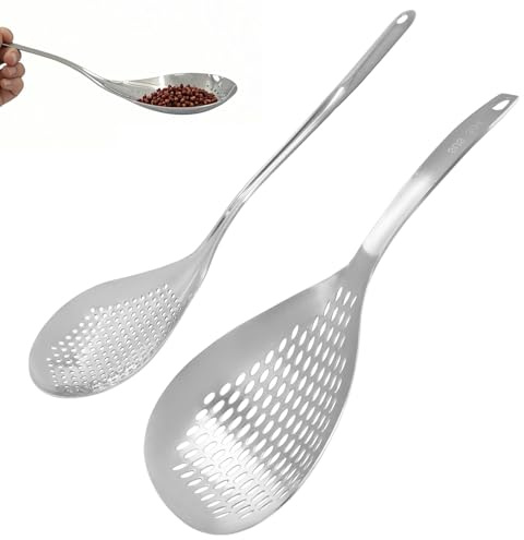 Jiozermi Lot de 2 écumoires à fentes en acier inoxydable pour pâtes et araignées - Louche pour frire et cuisiner - Cuillère à frire en acier inoxydable 304 durable pour nouilles, pâtes et légumes