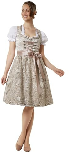 dressforfun Midi Dirndl Damen, Trachten Dirndlkleid Damen, mit Ornamenten und Satin Zierschnürung Trachtenmieder, Trachtenrock, mit Spitzen Schürze Dirndl, mit Dirndlbluse kombinierbar, rosé/beige, 48