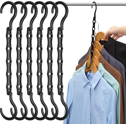Eupako platzsparende Kleiderbügel Kunststoff, 6 Stück Magic Hangers, Schrankorganizer Platzsparend für Kleidung Ideal für Schlafsaalzimmer rutschfest und Stabil, Mit 5 Löchern & 360° Drehhaken,Schwarz