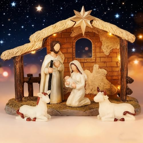 Ulable Weihnachtskrippe, 5-TLG. Krippenfiguren Set im modernen Design - Heilige Familie (Maria mit Kind, Josef), Ochs & Esel - Handbemalt, Zeitlose Weihnachtsdekoration für Zuhause
