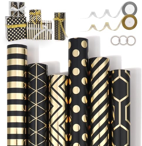 Omslagspappersrulle 300 x 43 cm, 6 rullar uppdaterat presentpappersset med 2 band och 3 tejp, guldtryck kraftpapper omslagspapper för födelsedag bröllop dop party (svart guld)