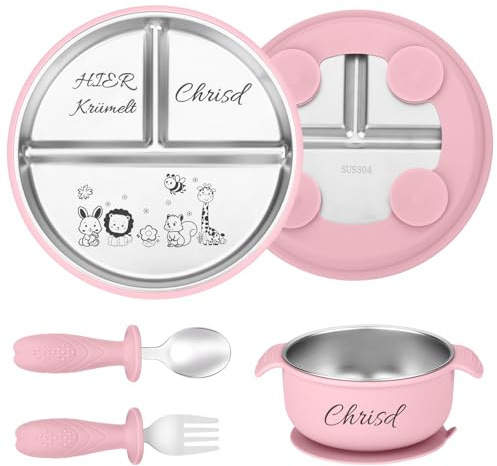 NGTSFLY Personalisiertes Baby Geschirrset mit Tiermotiven Namen, Baby Geschenk Junge Personalisiert, Kinderbesteck mit Edelstahl Teller Saugnapf Schüssel Gabel und Löffel Persönliche (Rosa)