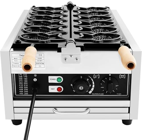 2000W Electric Taiyaki Fish Waffle Maker, Commercial Taiyaki Baker Fish Shaped Waffle Cones with Non-Stick Cooking Plate, Double-Sided Heating Fish Shaped Waffle Iron, 50-300℃Temp & 0-5min Time