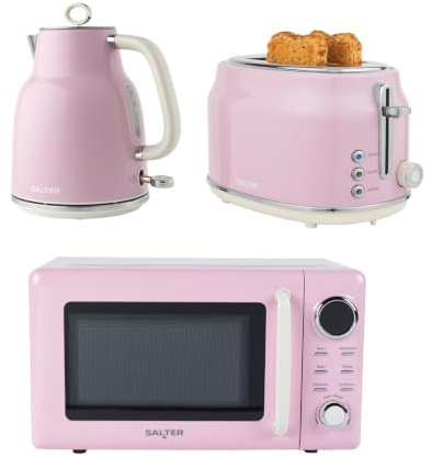 Salter Retro Pink Kettle, Toaster & Microwave Set – 1.7L Rapid Boil Kettle, 2-Slice Toaster with 6 Browning Levels, 20L Digital Microwave with 8 Cook Presets & 25.5cm Glass Turntable | 3kW rapid boil, 360° swivel cordless base, 6 browning levels, defrost/reheat/cancel functions, 800W power, 8 auto presets