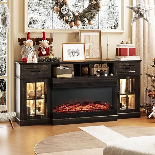 Bonnlo Fireplace TV Stand for up to 80'' TVs, Entertainment Center with 3-Sided Glass Electric Fireplace Heater, Glass Doors & Drawers, LED Media Console, Living Room, Dark Rustic Oak