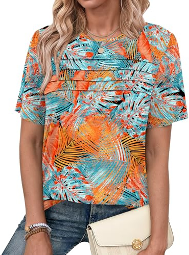 PLMOKEN Magliette Donna Manica Corta Estive a Pieghe T Shirt Collo Rotondo Top Elegante Blusa Casual Basic Camicia Foglie di Palma Tropicali 3XL