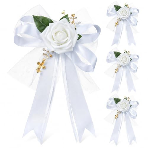4PCS Wedding Car Ribbon, Wedding Car Decorations, Bows and Satin Ribbons with Car Decorations Kit, Elegant Set for Vehicle Mirror or Door Handle, Includes Artificial Flower Accents