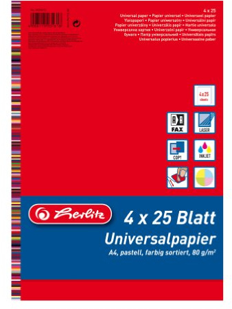 Herlitz 5031612 universalpapper Colourmix pastell, A4, 80 g/kvm, 100 ark sorterade färger: röd, blå, grön, gul