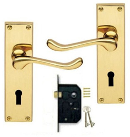 Victorian Scroll Polished Brass Lever Lock Door Handles + 3 Lever Lock Set +2 Keys