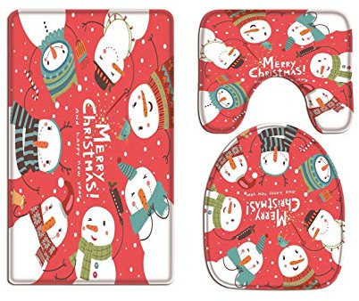 A.Monamour Badezimmer Badematte 3 Teilig Set Runden Tanz Der Schneemänner Frohe Weihnachten Frohes Neues Jahr Urlaub Roten Hintergründen Flanell Badteppiche Badvorleger Badgarnitur WC Vorleger