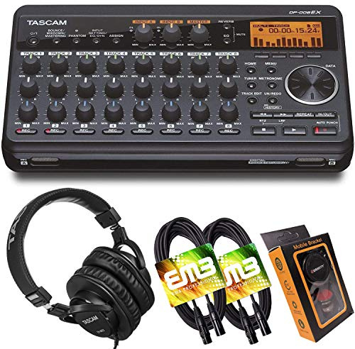 Tascam DP-008EX 8-Track Digital Pocketstudio Multi-Track Audio Recorder with Pro Headphone and Pair of EMB XLR Cables and Gravity Magnet Phone Holder Bundle