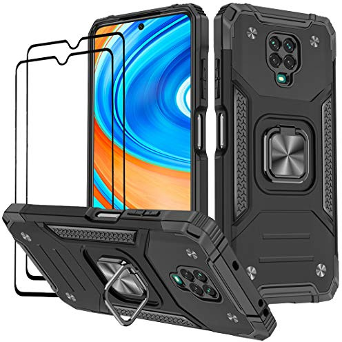 KANSi Funda Compatible con Xiaomi Redmi Note 9 Pro/Redmi Note 9S, Cristal Vidrio Templado [2 Piezas] Capa Anillo iman Soporte Hard PC y Silicona TPU Antigolpes Armor Carcasa - Negro