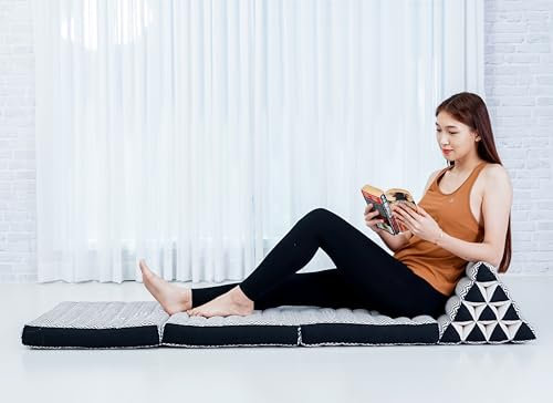 Leewadee - Bequeme Japanische Bodenmatratze - Thai Bodenliege mit Dreieckskissen - Futon Klappmatte - Thai Massagematte, 170 x 53 cm, Schwarz Weiß