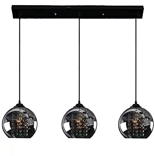 SAIVITT Kristall Esstisch Lampe Pendelleuchte Kronleuchter Höhenverstellbar Modern Rechteck Design LED E27 Esszimmer Hängelampe 3-Flammig Schwarz Glas Kugel Schirm Küche Wohnzimmer Leuchte, D50cm