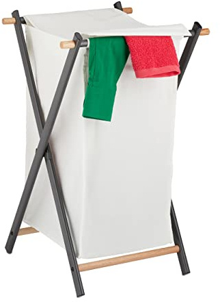 Relaxdays Wäschekorb, klappbar, Wäschesammler mit Deckel, Stahl & Stoff, 50 Liter, HBT: 71 x 45 x 42 cm, creme/anthrazit