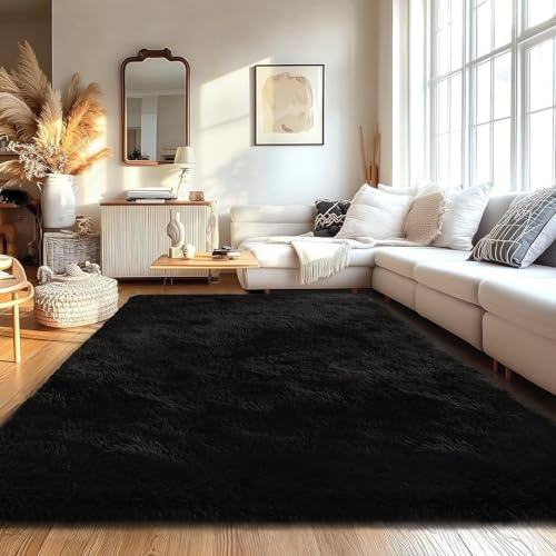 FVVRAX Fluffy Rugs Living Room Bedroom, Shaggy Large Black Rug 150x240cm | Machine Washable Rug Luxury Carpet, Non-Slip Non-Shedding Soft Floor Mat for Cosy Homes Nursery Dorm, Kids & Pets Friendly