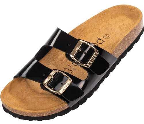 Palado Pantoletten Damen Milos Lack – elegante Sandalen Made in Spain - bequeme Hausschuhe mit Kork-Fußbett - modische Sommerschuhe