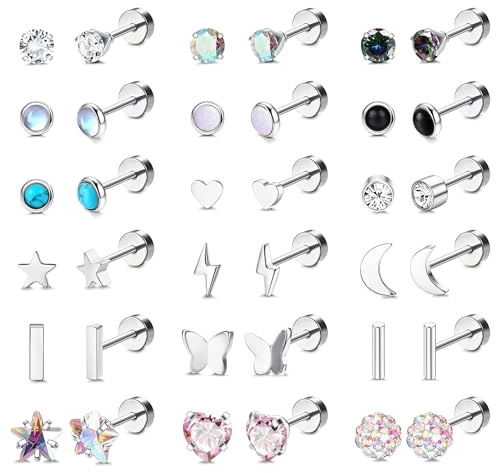 LOLIAS 18 Paar Chirurgische Edelstahl Ohrstecker - Für Frauen & Männer, Knorpelohrringe, Kreuz, Mond, Stern, Kleine Ohrstecker, Gold, Schraube, Flache Rückseite