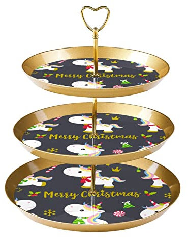 JAVENPROEQT 3-Tier Cupcake Stand Cake Holder, Merry Christmas Cute Unicorn Xmas Dress Reusable Serving Tray Pastry Display Tower for Birthday Baby Shower Tea Party