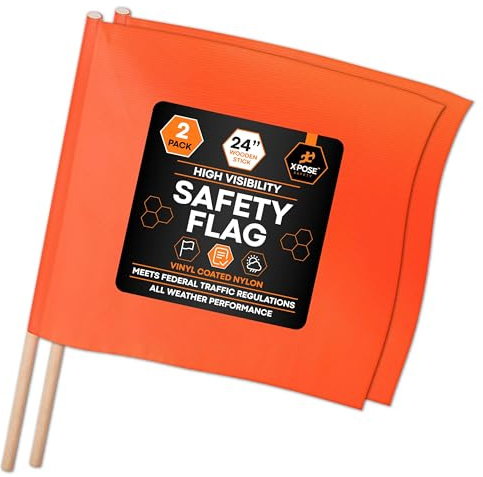 Xpose Safety Orange Vinyl Safety Flags 18 x 18 with 24 Wooden Staff, 2 Pack – High Visibility Warning Flags for Road Work, Traffic Control, Parking Lots & Emergency Response