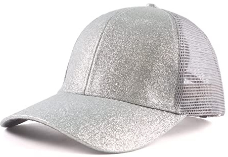 Zsedrut Tolddler Cappellino da baseball per bambine con glitter, cappello da camionista regolabile estivo cappello da sole in rete cappelli a coda di cavallo, Argento, 4-8 Years
