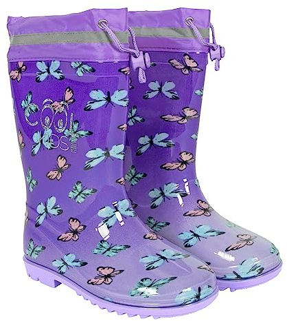 PERLETTI Bottes de Pluie Lilas Détails Réfléchissants Fille - Bottines Galoches Violet Gris Papillon Coloré - Chaussure Enfant Impérmeable Semelle Antidérapante Protection Neige (Papillons, 28/29 EU)