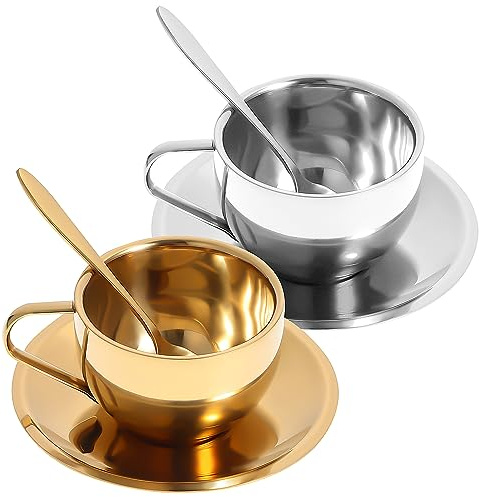 Alipis Stainless Steel Tea Cup and Saucer Set of 2 Metal Coffee Mugs with Spoon 5.5Oz Espresso Cups for Afternoon Tea and Coffee Lovers Gold and Silver Finish