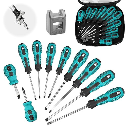 10 Pezzi Set Cacciaviti di Magnetico, Set Contiene Cacciaviti a Testa Piatta e 5 Punte a Croce, con Magnetizzatore e Scatola di Immagazzinaggio, per Fissaggio e Allentamento (1)