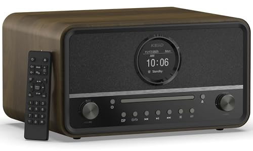 KEiiD Compact Radio CD Player with Speakers for Home, Retro Look Art-Deco Bluetooth Stereo Shelf System, LED Display with Dual Alarm Clocks, USB Playback, AUX, Headphone Output