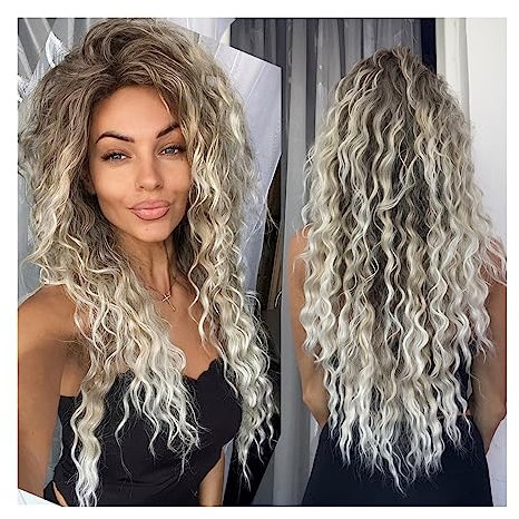 Peluca Peluca rubia ceniza de 26 pulgadas, pelucas sintéticas de pelo largo y rizado for mujer, peluca ondulada esponjosa con estilo degradado, disfraz de fiesta de carnaval, peluca rizada regular Pel