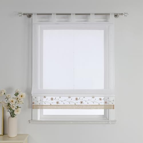 Joyswahl Voile Raffrollo mit Schlaufen Raffgardinen Wohnzimmer Fenster Vorhänge Landhaus Bändchenrollo Transparent Rollo Bestickt BxH 140x150cm Sand 1 Stück