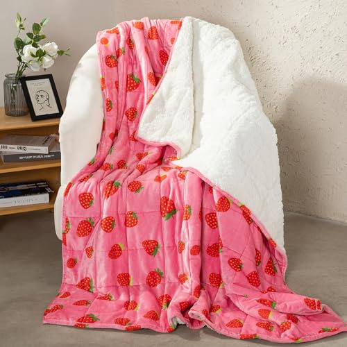 Aemicion Weighted Blanket Queen Size 15 Pounds 60x80,Soft Fluffy Fleece Sherpa Weighted Blankets for Adults,Cute Pink Strawberry Heavy Blanket Weighted as Gift Ideas for Women Teen Girls