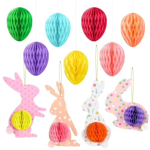 O-Kinee 11 Piezas de Nido de Abeja Huevo de Pascua, Pascua Conejo de Nido de Abeja Bola de Nido de Abeja de Pascua Decoraciones de Techo Colgante de Papel 3D Adornos de Nido de Abeja para los árboles