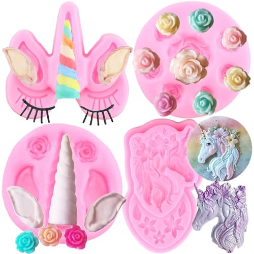 RFGHAC Unicorn Silicone Mould Unicorn Ears Horn Fondant Moulds Rose Flower Candy Mould for Cake Decoration Cupcake Topper Chocolate Candy Gum Paste Set of 4