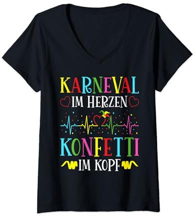 Damen Karneval im Herzen Herzschlag Konfetti Kostüm Fasching T-Shirt mit V-Ausschnitt