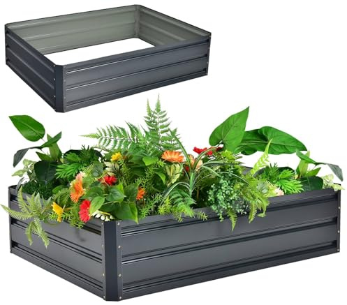 COSTWAY Metal Raised Garden Bed, Oval/Rectangular Elevated Planter Box Kit with Open Bottom, Indoor Outdoor Vegetable Fruit Flower Herb Growing Box (Rectangular, Grey, 120 x 90 x 30cm)