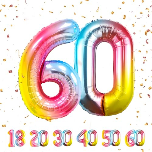 60 Geburtstag Deko zahlen luftballon 60 jahre | Folienballon Regenbogen- für 60. Geburtstagsdeko Männer Frauen Ballon Zahl Deko zum Geburtstag fliegt mit Helium