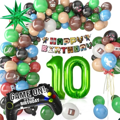 Pixel Luftballon Geburtstagsdeko 10 Jahre, 81 Stück Miner Kindergeburtstag Gamer Party Deko, Happy Birthday Banner Gamer Folienballon Spiel Luftballon Geburtstag Deko für Jungen Kinder