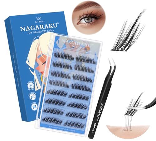 NAGARAKU Pre Glued Cluster Lashes with Tweezers 96 Pcs No Glue Needed Press-on Pre-bond Eyelashes Reusable Self Adhesive DIY Lashes Fox Style (SAT-10,0.07mm C Curl 10-14mm)