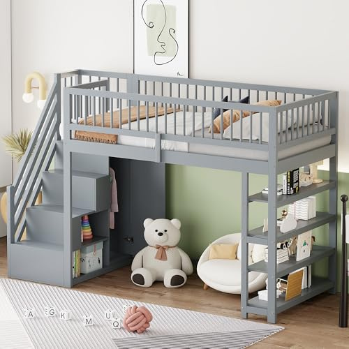 MQLAE Hochbett 90 x 200, Rausfallschutz Bett, Hohes Zaundesign, Hochbett für Kinder mit Schrank und Regal und Stauraum-Treppe, Kinderbett Jugendbett Einzelbett, Massivholzbett, mit Lattenrost, Grau