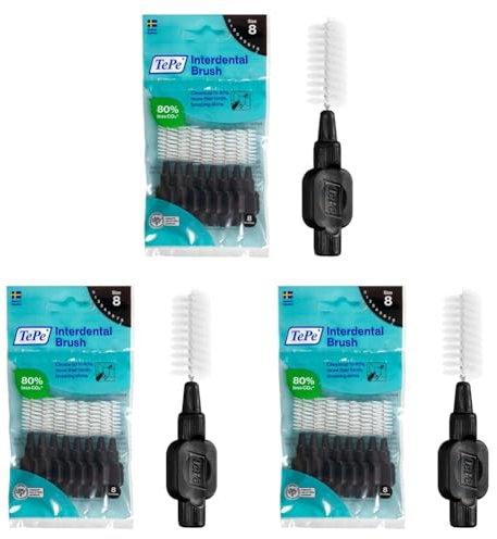TePe Interdental Brush, Original, Black, 1.5 mm/ISO 8, 8pcs, plaque removal, efficient clean between the teeth, tooth floss, for narrow gaps (Packung mit 3)