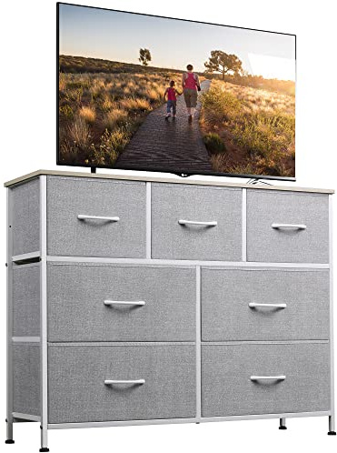 WLIVE Kommode mit Schubladen, komode Schlafzimmer mit 7 Stoffschubladen | Kommoden & Sideboards mit Stabiler Stahlrahmen, Breites TV-Möbel mit Holzplatte, Einfach zu Montieren, Hellgrau