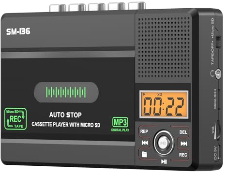SEMIER Portable Cassette Tape Player Recorder, Small Audio Cassette to Digital Converter via USB C or SD Card, LCD Dispaly, Build-in Microphone, Headphone Jack, Speaker, 16GB SD Card