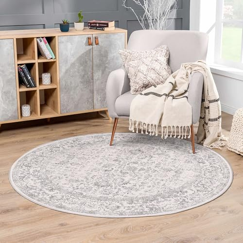 HUGEAR Vintage Rund Matta Grå Runda Mattor 150cm Tvättbar Halkfri Golvmatta Sovrum Vardagsrum Kontor Barnrum Carpet Rug Mjuk Kort Lugg