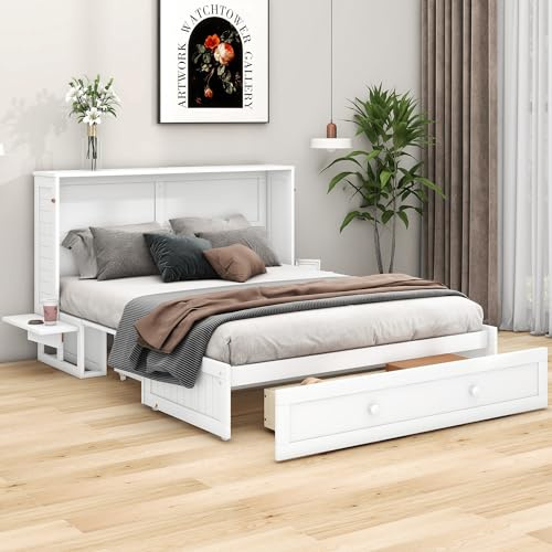Moimhear 140x200cm Mobiles Schrankbett mit Schubladen am Bettende und kleinem Regal an der Seite des Bettes,Verwandelbare Plattformbetten, Weiß