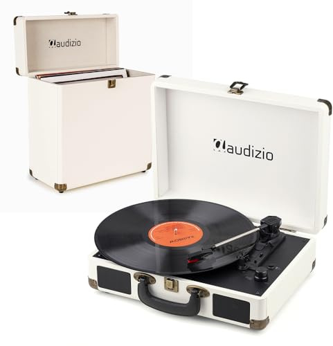 Audizio RP116CR Retro Record Player, Vinyl Player with Bluetooth Output, Briefcase Design, Built-in Speakers, Wireless Streaming, Portable Vinyl Record Case, Creme