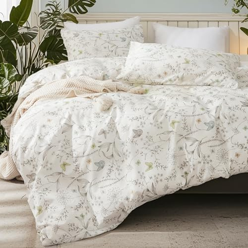 Wotcsil Funda Nórdica Cama 135/150 Verde Beige Funda Nórdica Edredón 220 x 240 cm Floral con Patrón Flores Hojas Botánico Jardín Microfibra 3 Piezas y 2 x Fundas de Almohada de 50x75 cm